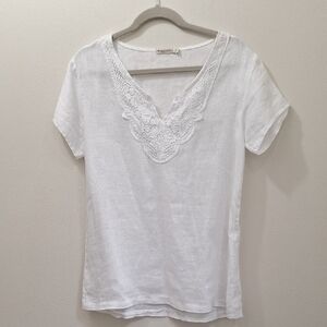 Marina Gigli White Lace Detail Short Sleeve Tee Size M Linen/Cotton.